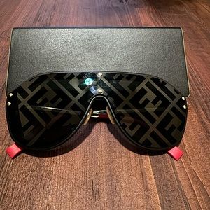 Fendi Black Logo Shield Sunglasses with Red Temple Tips